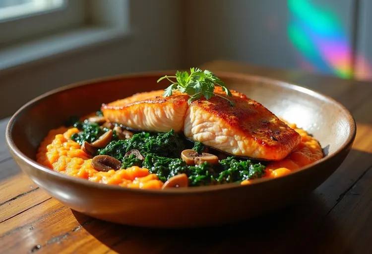 Salmon with spinach and sweet potato mash