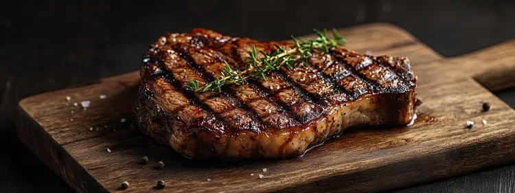 Seared strip steak with olive oil and seasonings