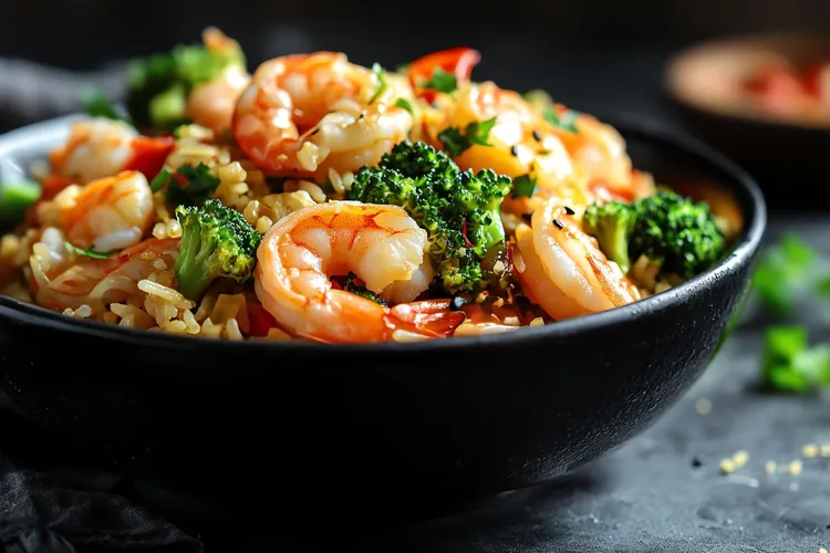 Shrimp & broccoli stir fry with brown rice
