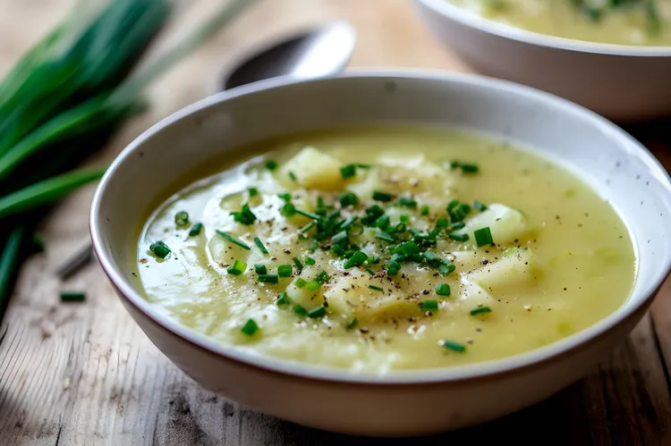 Potato and cabbage soup with garlic and chives