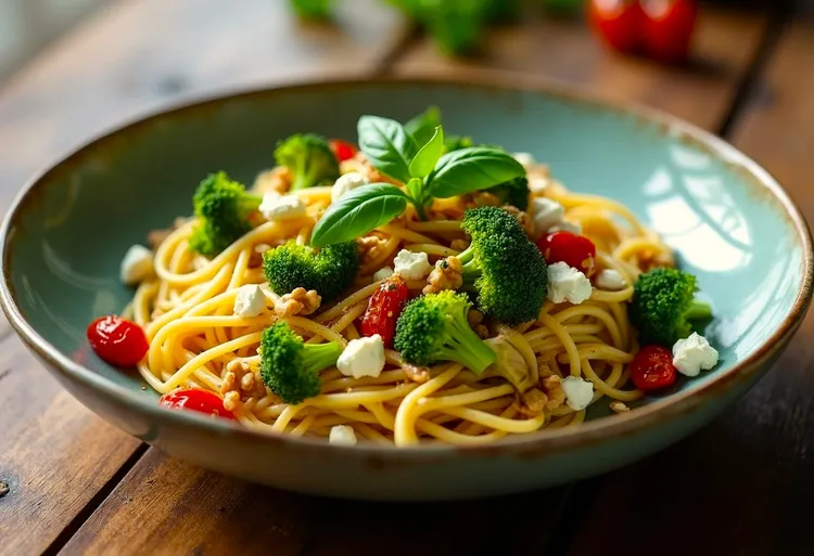 Skillet pasta with sun dried tomatoes, walnuts and feta