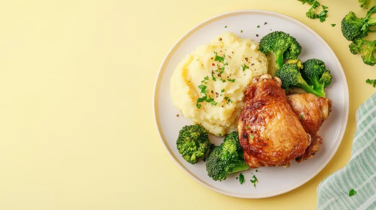 Grilled chicken thighs, whipped red potato mash and broccoli