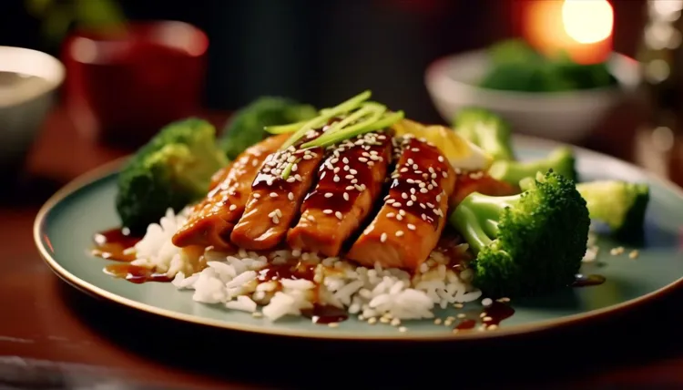 Soy-glazed salmon with rice