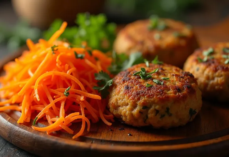 Spiced couscous and chickpea patties with carrot salad