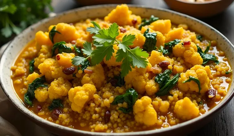 Curried quinoa with cauliflower, greens & raisins