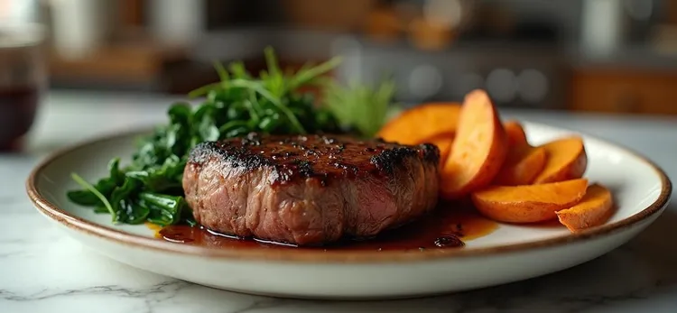 Steak with sauteed spinach & sweet potato wedges