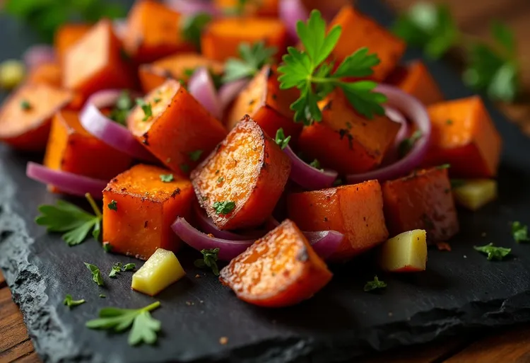 Sticky rum-roasted apple & sweet potato