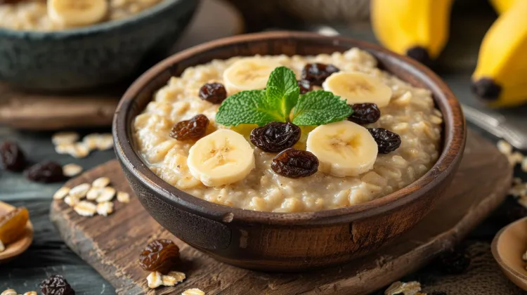 Sunrise raisin oatmeal with cinnamon and banana