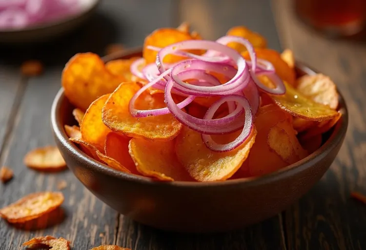 Sweet potato chips & red onion wedges