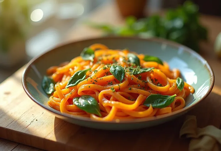 Sweet potato noodles with creamy cashew sauce