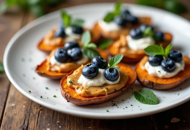 Sweet potato toast with peanut butter, ricotta and blueberries