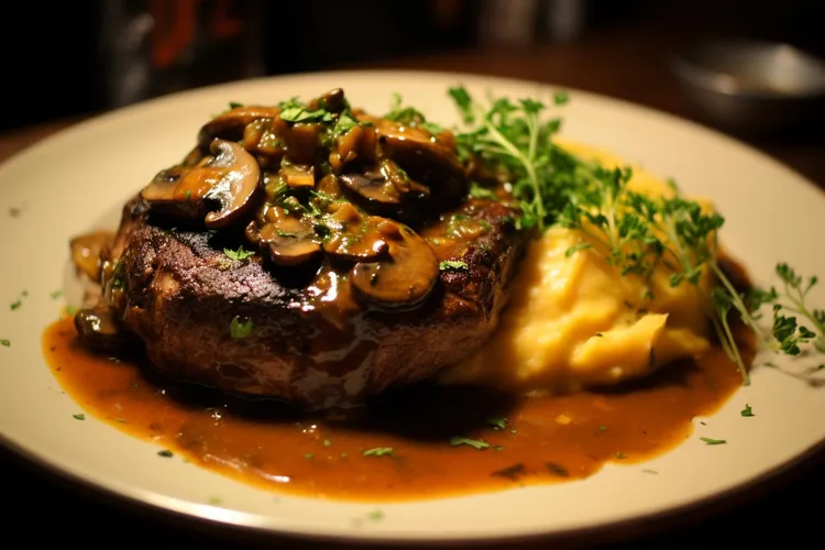 T-bone steak with fried mushrooms and olive oil mash