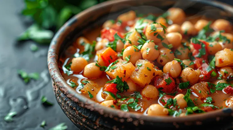 Vegan potato curry with chickpeas, peas and cashews