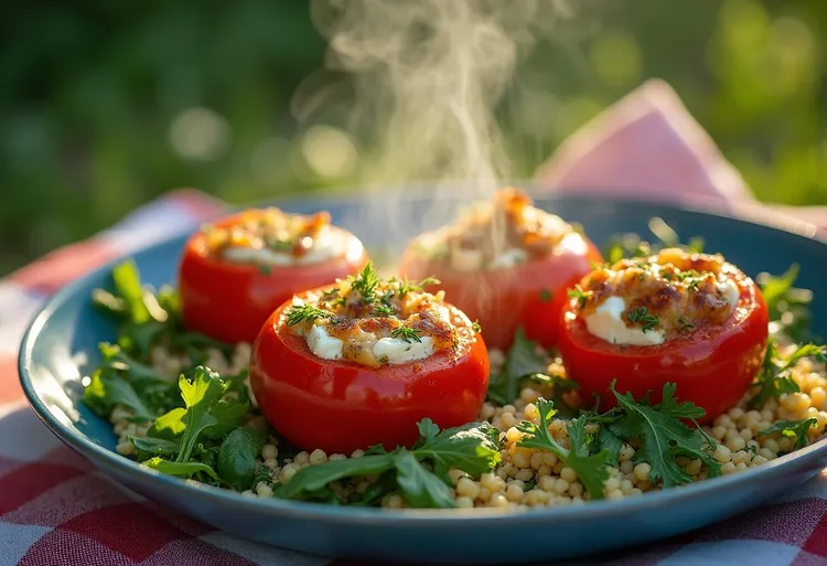 Warm stuffed tomato on couscous