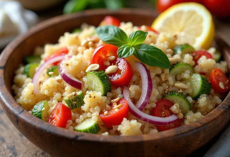 Lemon couscous salad with tomatoes, cucumber and pine nuts