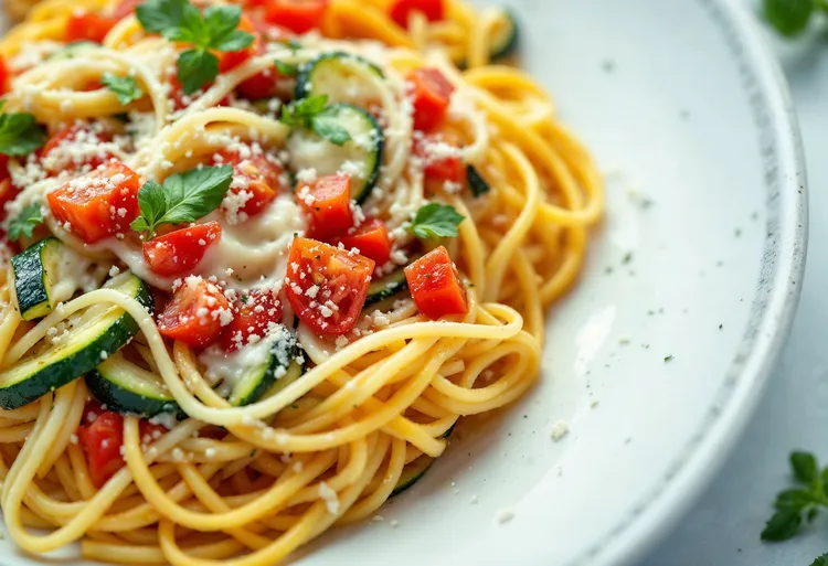 Gluten-free  pasta with tomatoes, zucchini and mozzarella