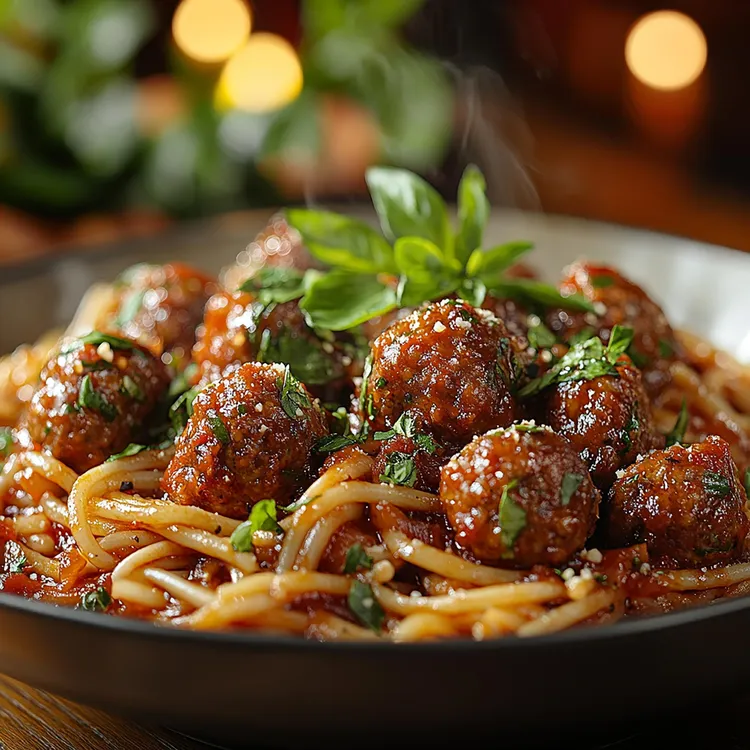 Beef and mushroom meatballs with spaghetti