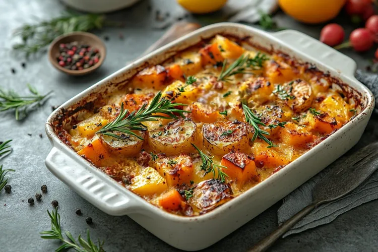Beef, potato and pumpkin bake