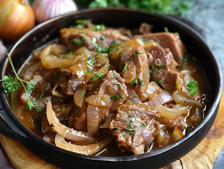 Slow-cooked beef and onion stew with garlic, parsley and spices
