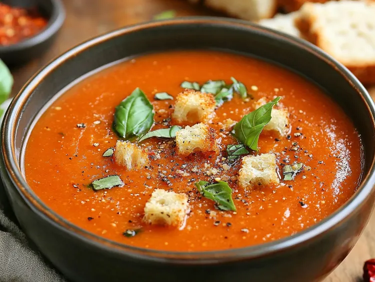 Tomato soup with garlic and basil-crusted bread