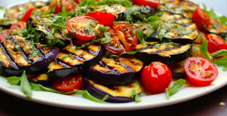 Chargrilled eggplant and tomato salad