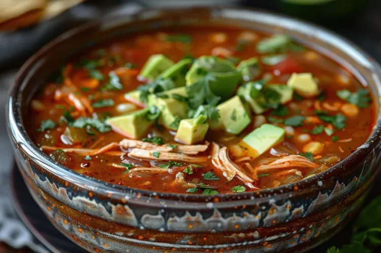 Chicken avocado soup with lime and spices