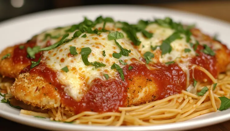 Chicken parmesan with pasta and mozzarella cheese