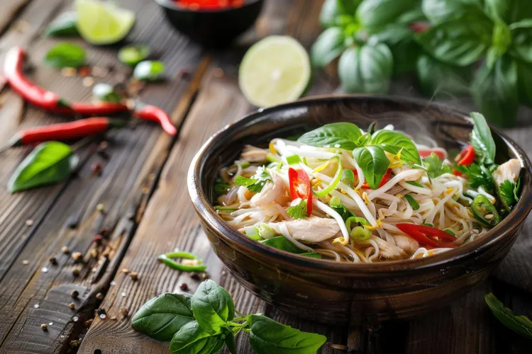 Chicken pho with rice noodles