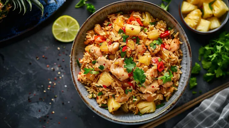 Pineapple chicken stir-fry with brown rice