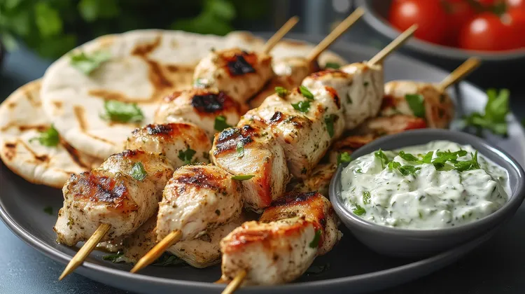 Chicken tikka malasa skewers with raita