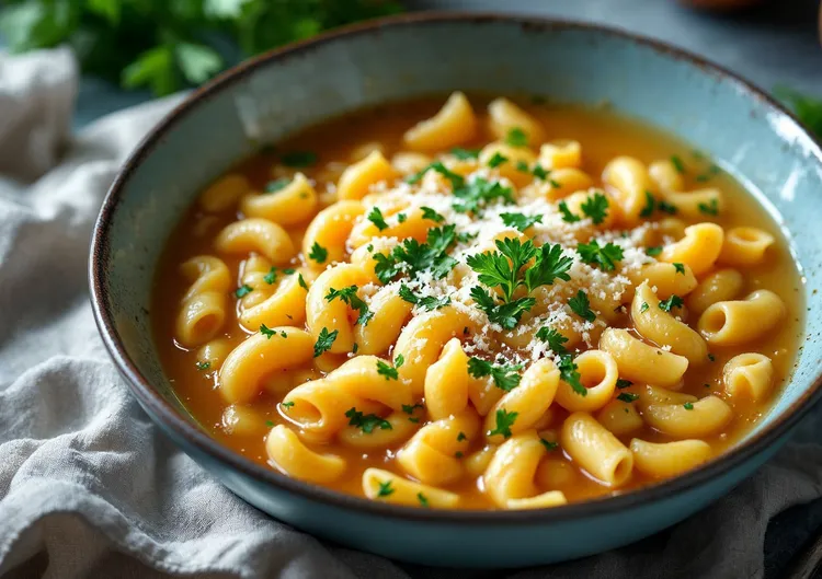 Chicken macaroni soup with parmesan and parsley