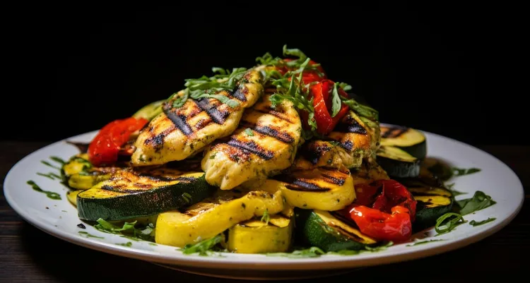 Grilled italian chicken with red peppers and zucchini