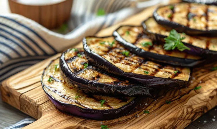 Grilled eggplant with coriander, basil and lemon sauce