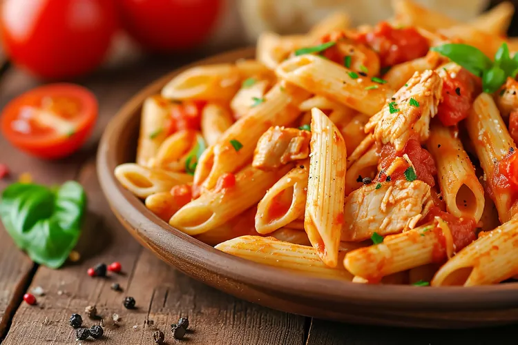 Garlic basil chicken with creamy tomato sauce over pasta