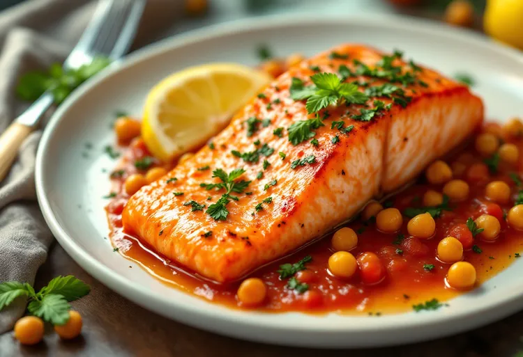 Garlic-basil tomato salmon with garbanzo beans