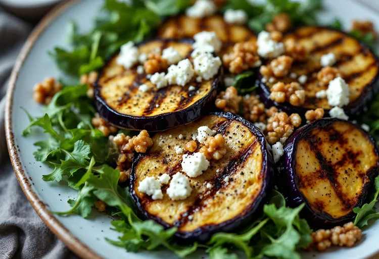 Grilled eggplant with feta, walnuts and honey dressing