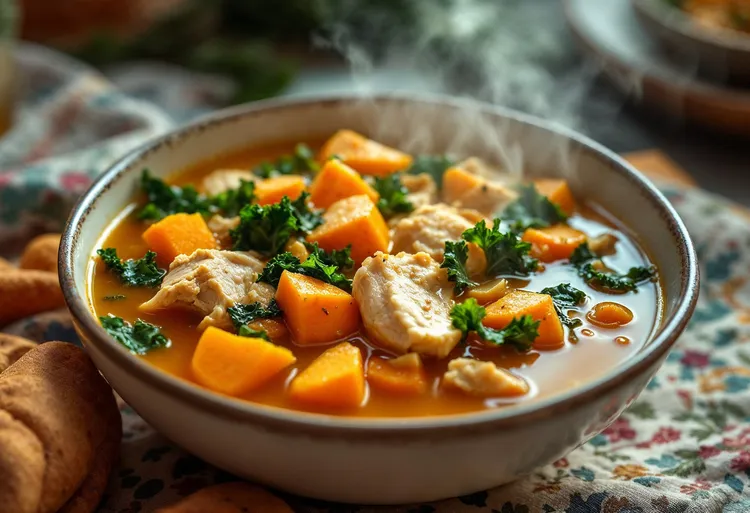Almond chicken soup with sweet potato, kale and lime
