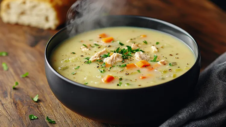 Chicken pot pie soup with vegetables and herbs