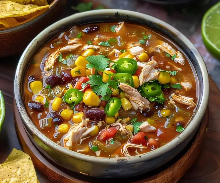 Chicken tortilla soup with lime and kidney beans