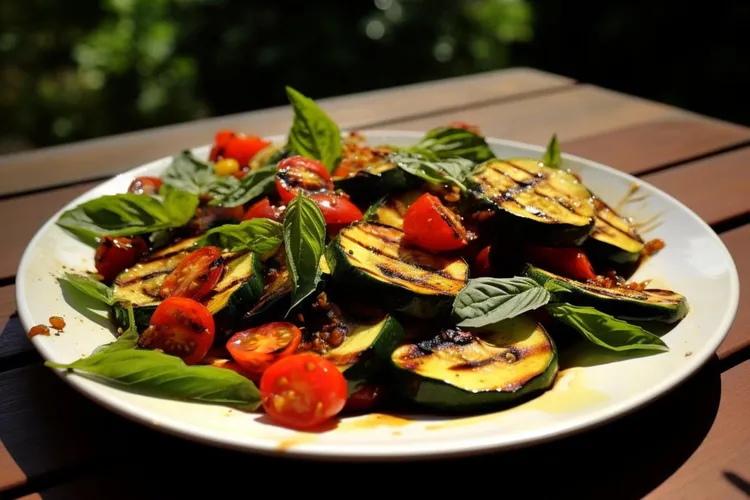 Marinated barbecued zucchini and tomatoes