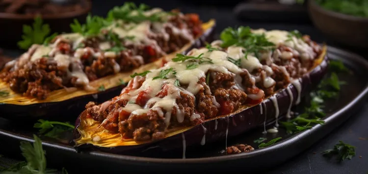Middle eastern spiced beef stuffed eggplants