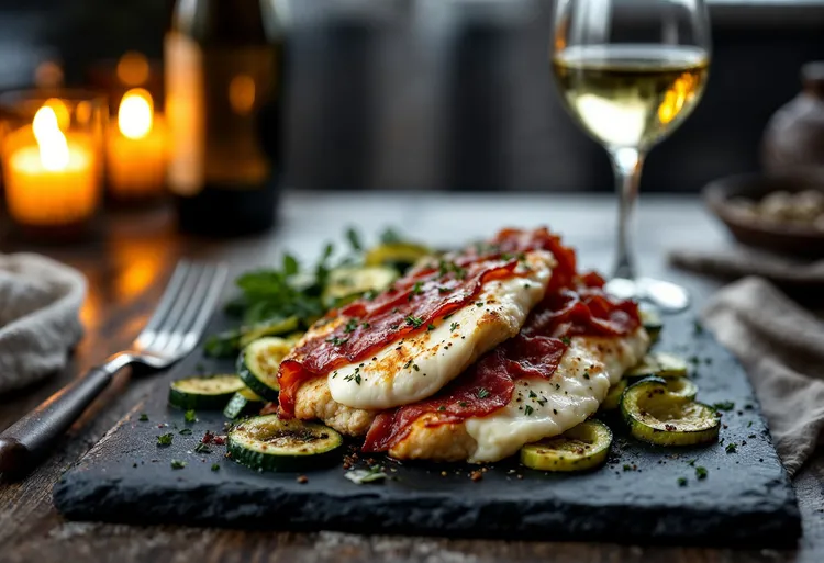 Pan-fried chicken with mozzarella, mint and prosciutto