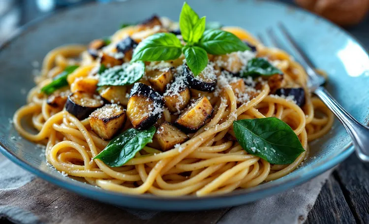 Whole-wheat pasta melanzana with spinach and parmesan