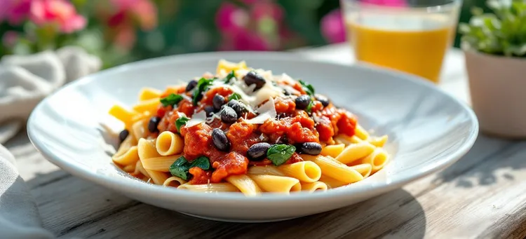 Penne with black beans and spinach in a tomato sauce