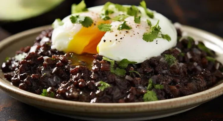 Poached eggs with spinach and black beans