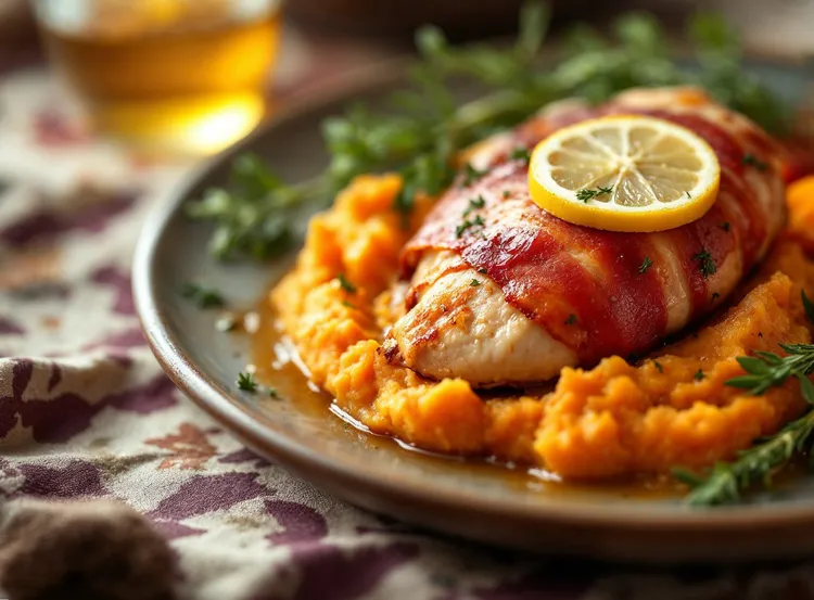 Prosciutto chicken with sweet potato mash
