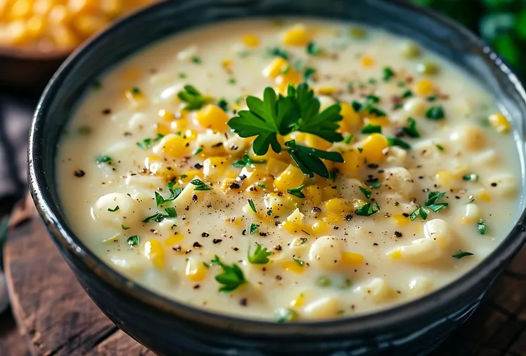 Chicken rivel soup with sweet corn