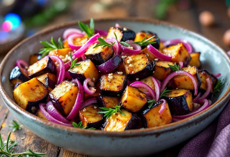Roasted eggplant and red onion with rosemary and garlic