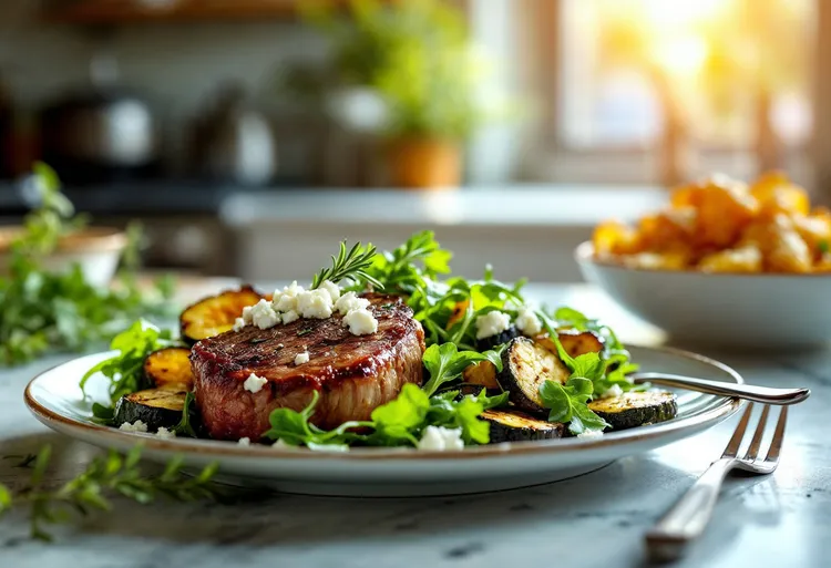 Rosemary and garlic lamb with chargrilled vegetable salad
