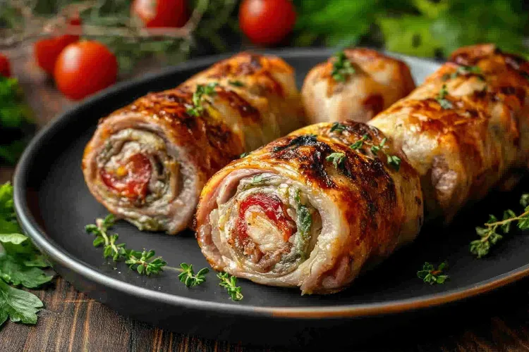 Balsamic-glazed steak rolls with roasted vegetables